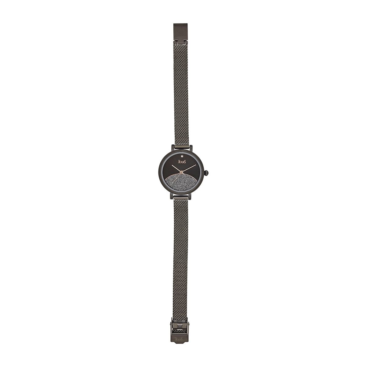 Reloj Jeans analogo, para Dama, tablero redondo color gris, estilo puntos, pulso metalico color negro