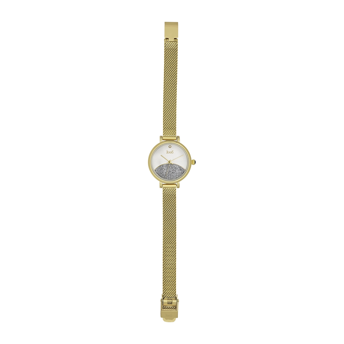 Reloj Jeans analogo, para Dama, tablero redondo colores plateado y dorado, estilo puntos, pulso metalico color dorado