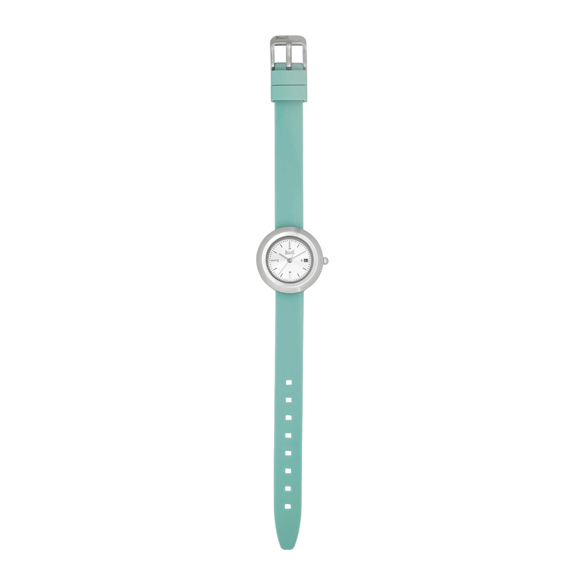 Reloj Jeans analogo, para Dama, tablero redondo color plateado, estilo index, pulso silicona color azul, calendario