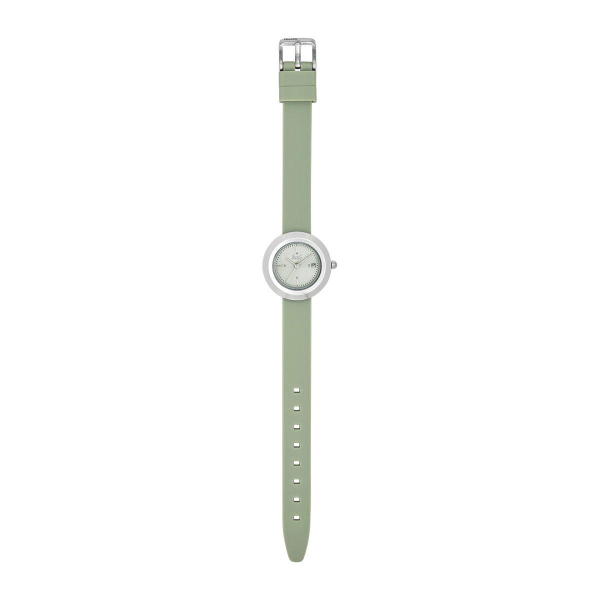 Reloj Jeans analogo, para Dama, tablero redondo color verde, estilo index, pulso silicona color verde, calendario
