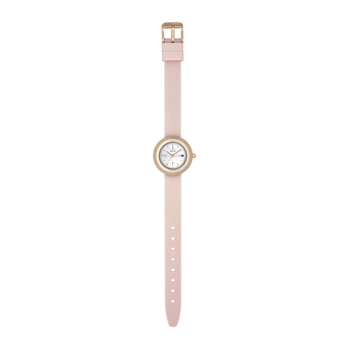 Reloj Jeans analogo, para Dama, tablero redondo colores plateado y rosa, estilo index, pulso silicona color rosado, calendario