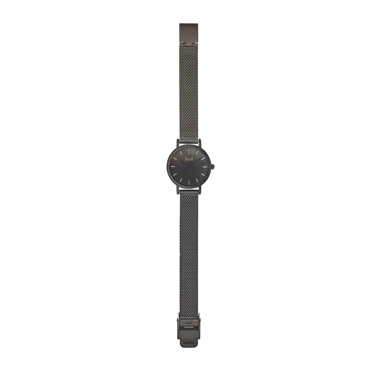 Reloj Jeans analogo, para Dama, tablero redondo color negro, estilo index, pulso metalico color negro