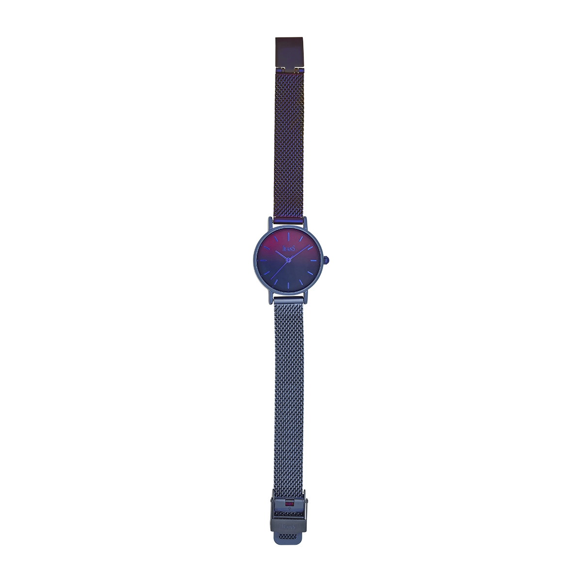 Reloj Jeans analogo, para Dama, tablero redondo colores morado y azul, estilo index, pulso metalico colores morado y azul