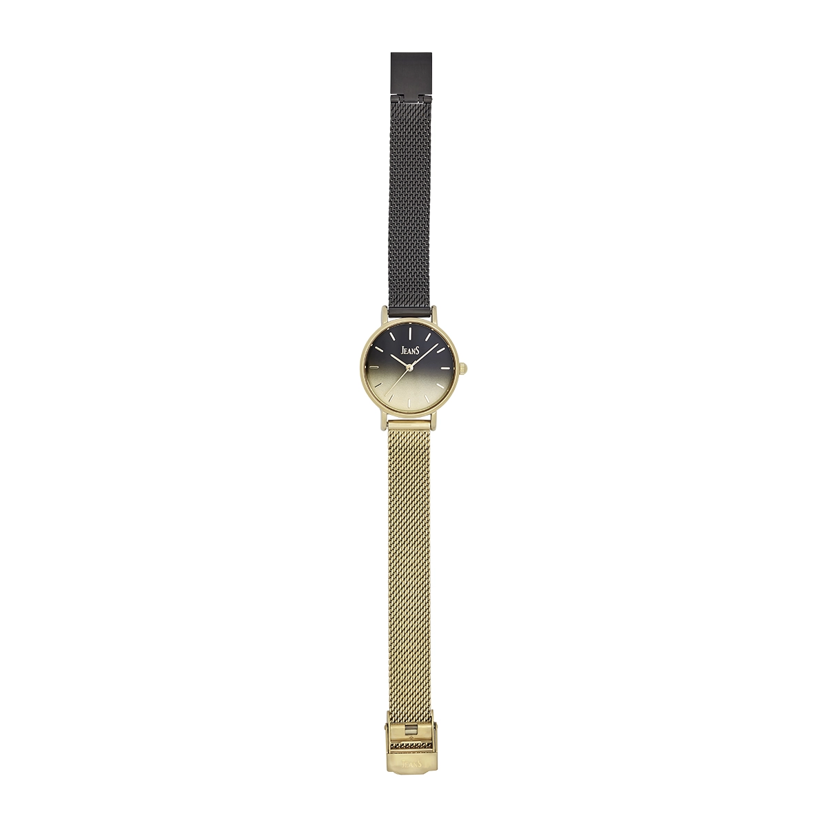 Reloj Jeans analogo, para Dama, tablero redondo colores negro y dorado, estilo index, pulso metalico colores negro y dorado