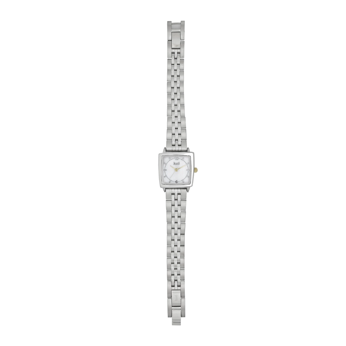 Reloj Jeans analogo, para Dama, tablero cuadrado color blanco, estilo index + arabigo, pulso metalico color plateado
