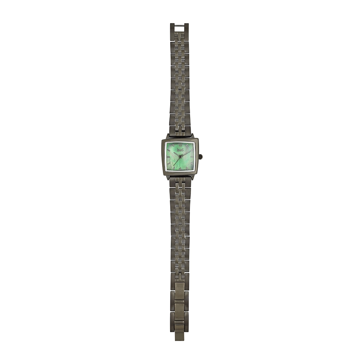 Reloj Jeans analogo, para Dama, tablero cuadrado color verde, estilo index + arabigo, pulso metalico color gris