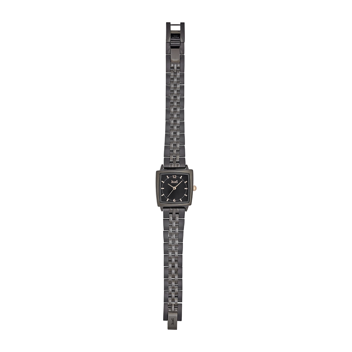 Reloj Jeans analogo, para Dama, tablero cuadrado colores negro y rosa, estilo index + arabigo, pulso metalico color negro