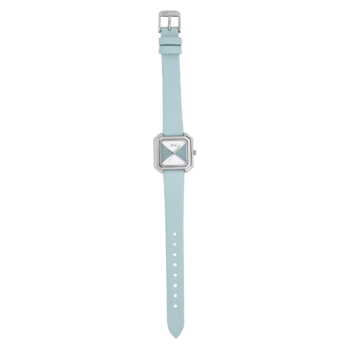 Reloj Jeans analogo, para Dama, tablero cuadrado colores azul y plateado, estilo sin numeros, pulso cuero sintetico color azul