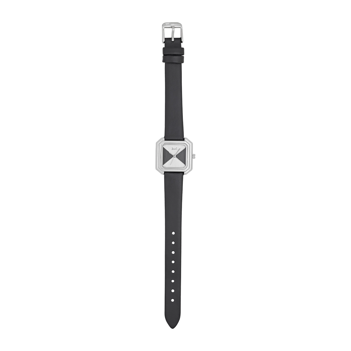Reloj Jeans analogo, para Dama, tablero cuadrado colores negro y plateado, estilo sin numeros, pulso cuero sintetico color negro