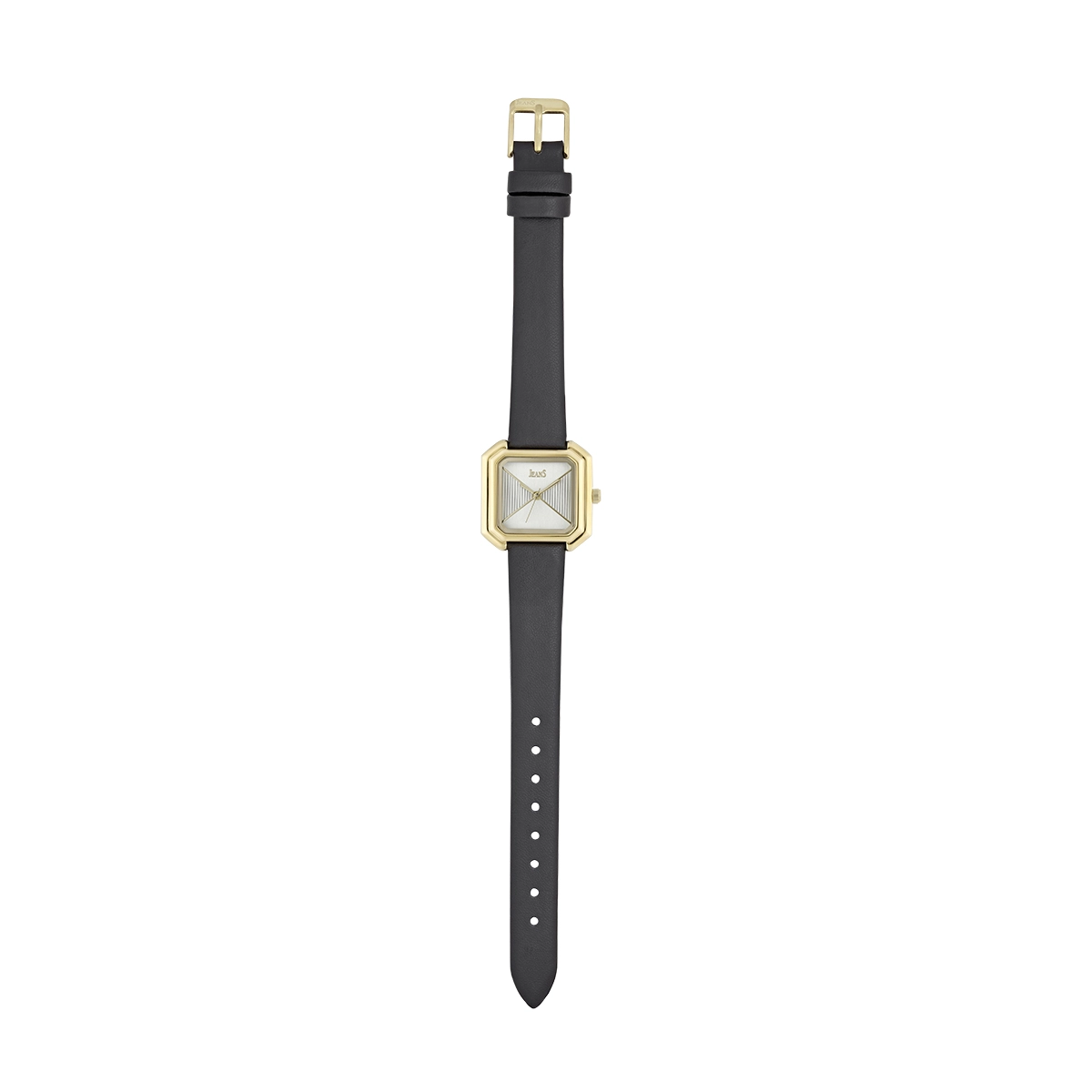 Reloj Jeans analogo, para Dama, tablero cuadrado colores plateado y dorado, estilo sin numeros, pulso cuero sintetico color negro