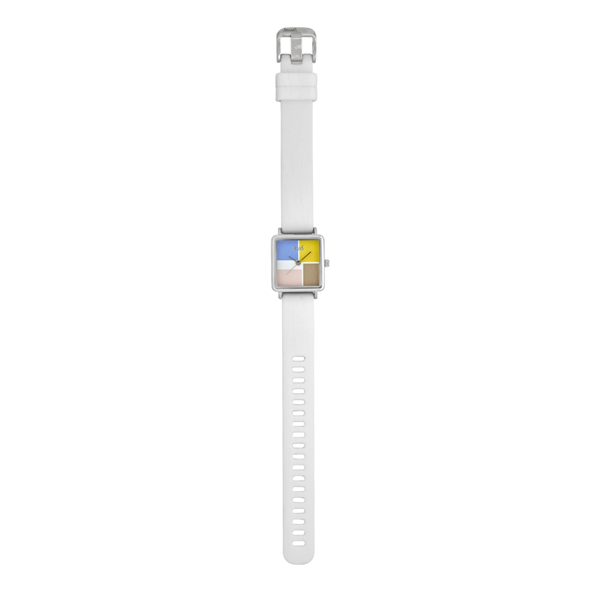 Reloj Jeans analogo, para Dama, tablero cuadrado color multi, estilo sin numeros, pulso silicona color blanco
