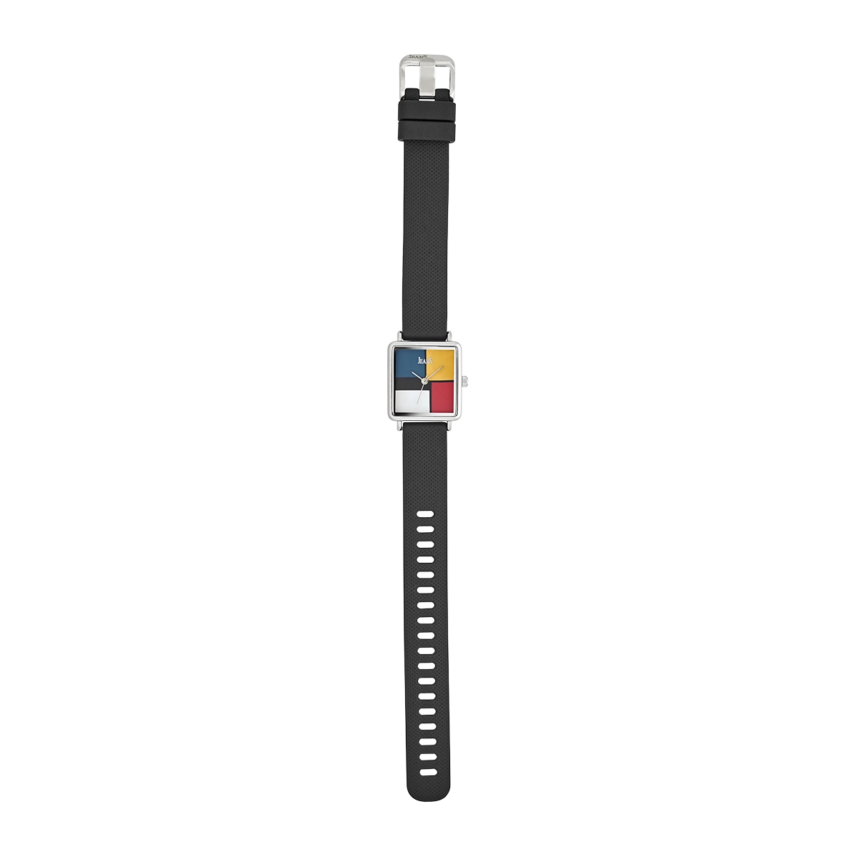Reloj Jeans analogo, para Dama, tablero cuadrado color multi, estilo sin numeros, pulso silicona color negro