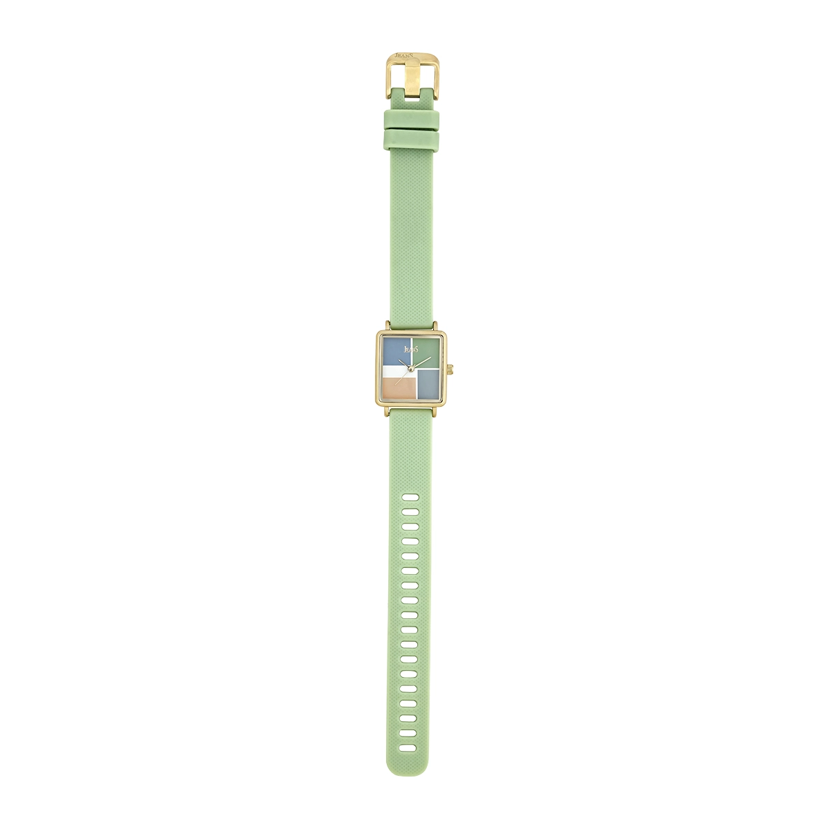 Reloj Jeans analogo, para Dama, tablero cuadrado color multi, estilo sin numeros, pulso silicona color verde