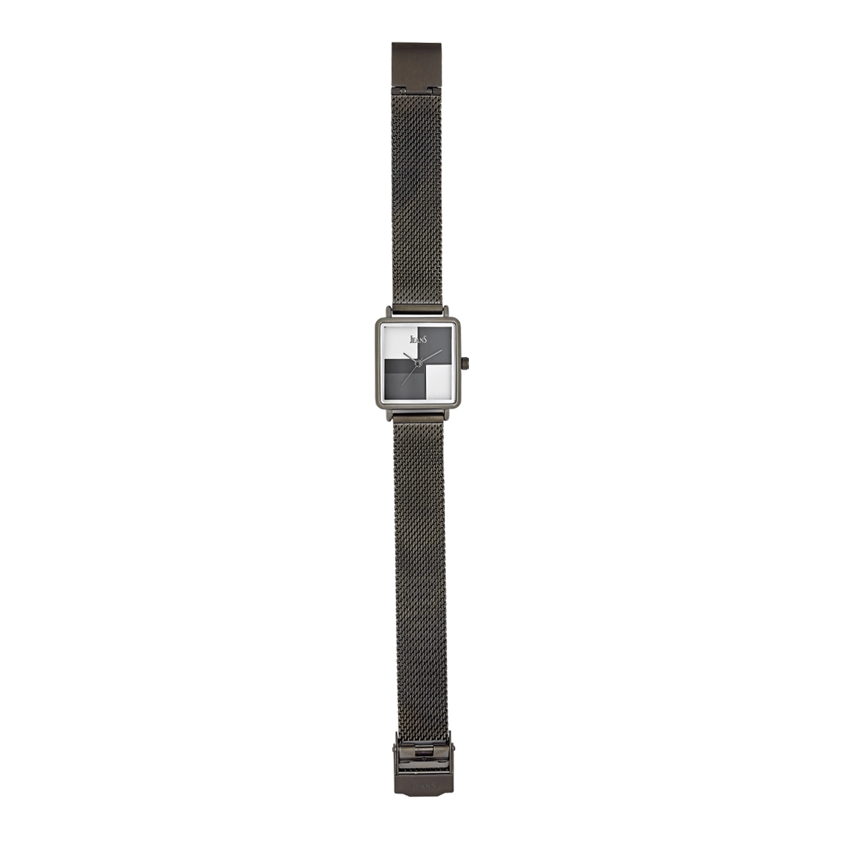 Reloj Jeans analogo, para Dama, tablero rectangular colores gris, blanco y negro, estilo sin numeros, pulso metalico color negro