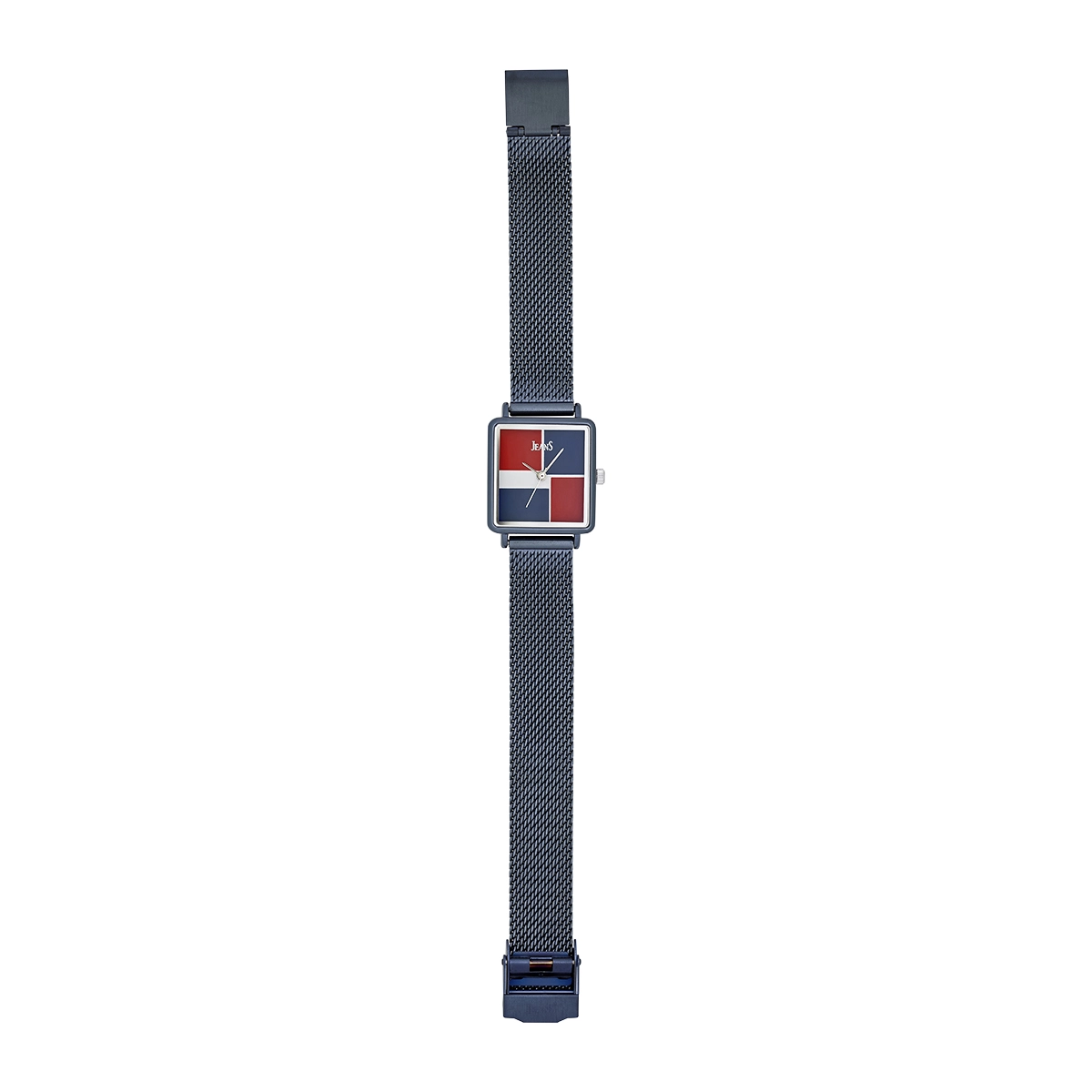 Reloj Jeans analogo, para Dama, tablero rectangular colores azul, rojo y blanco, estilo sin numeros, pulso metalico color azul
