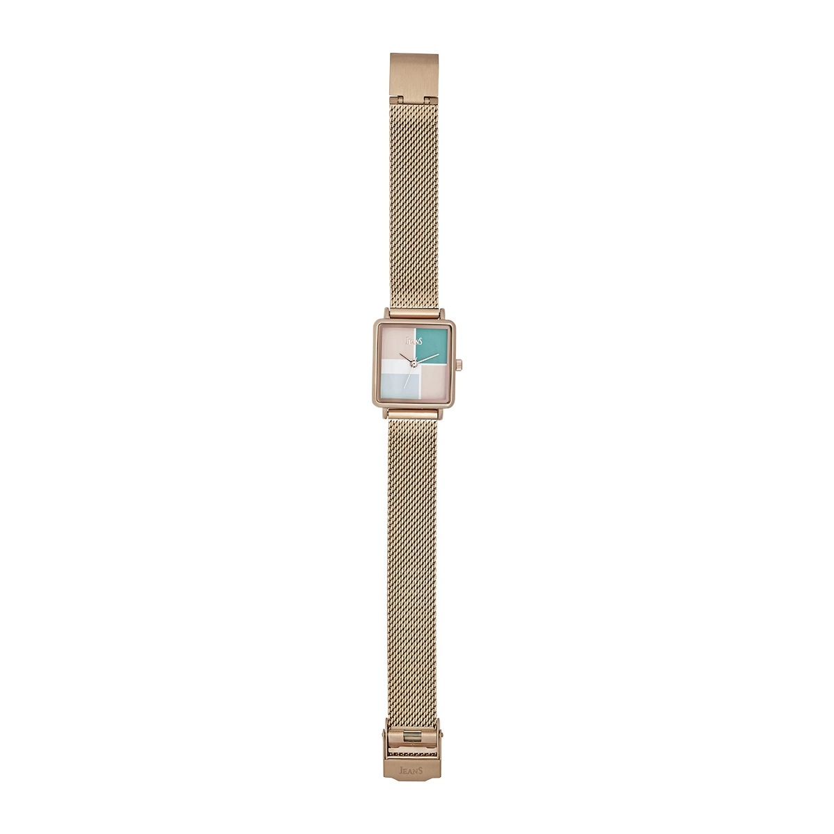 Reloj Jeans analogo, para Dama, tablero rectangular colores rosado, verde y blanco, estilo sin numeros, pulso metalico color rosa