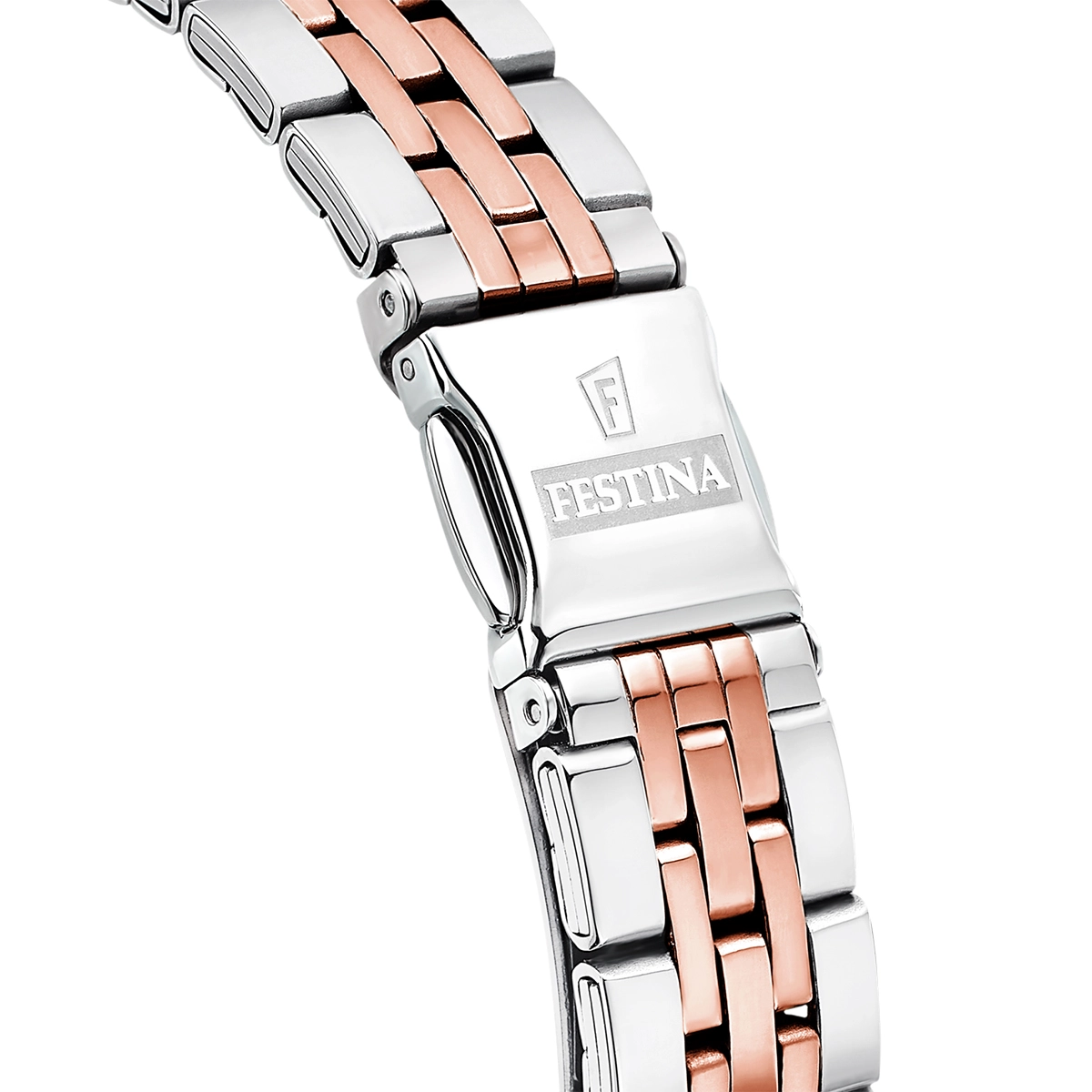 Reloj Festina análogo, para Dama, tablero redondo color plateado, estilo index, pulso acero colores plateado y rosa, calendario