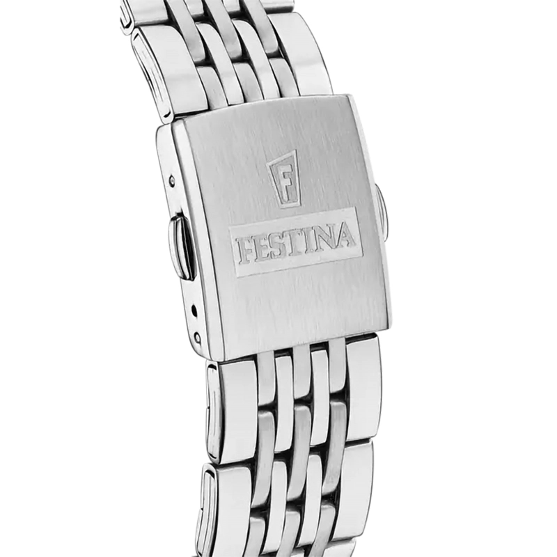 Reloj Festina análogo, para Hombre, tablero redondo color negro, estilo index + arábigo, pulso acero color plateado, cronografo