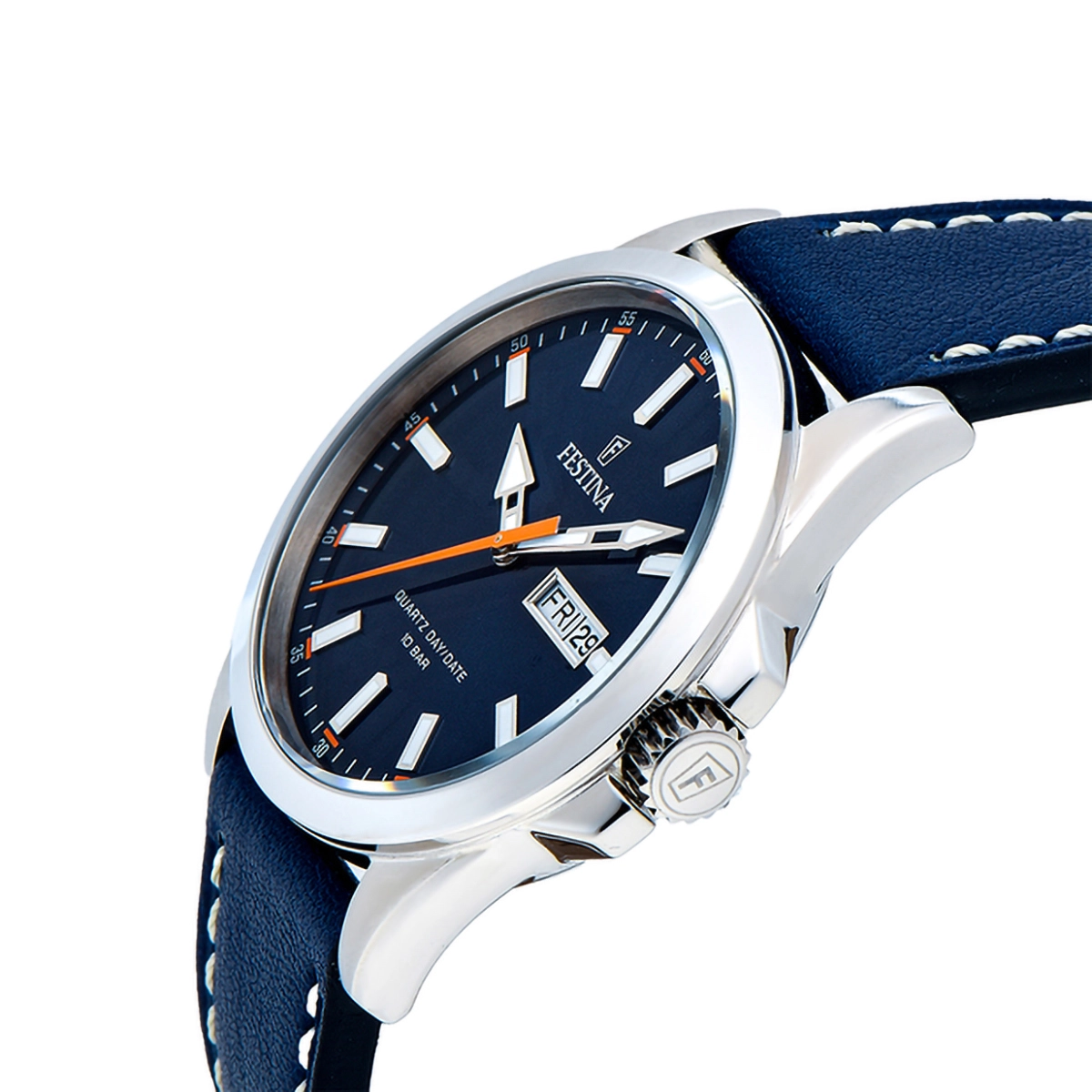 Reloj Festina análogo, para Hombre, tablero redondo color azul, estilo index, pulso cuero color azul, calendario