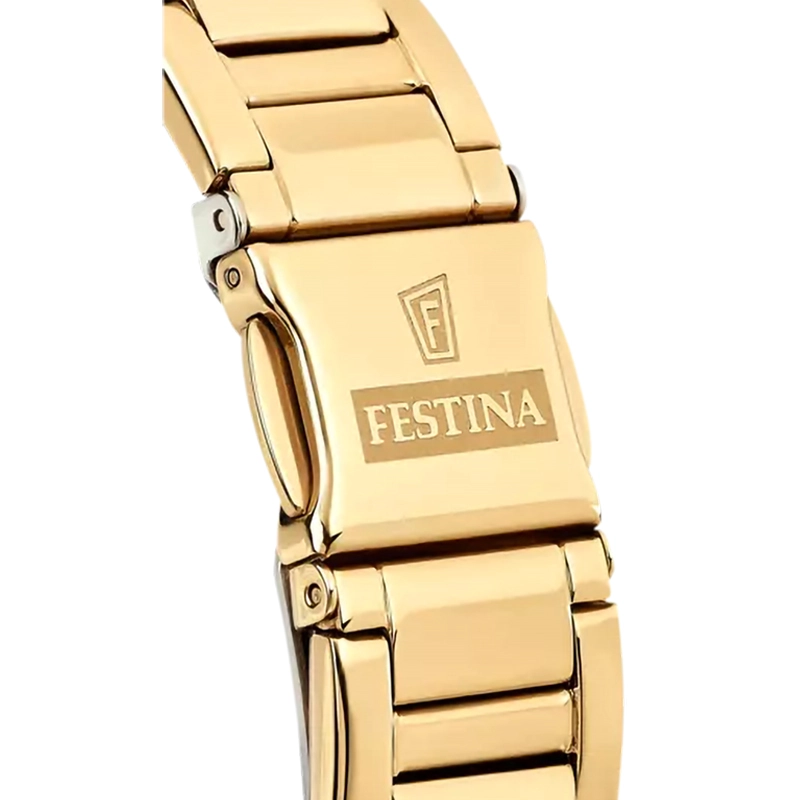 Reloj Festina analogo, para Dama, tablero redondo colores plateado y dorado, estilo index + puntos, pulso acero color dorado, calendario, cronografo