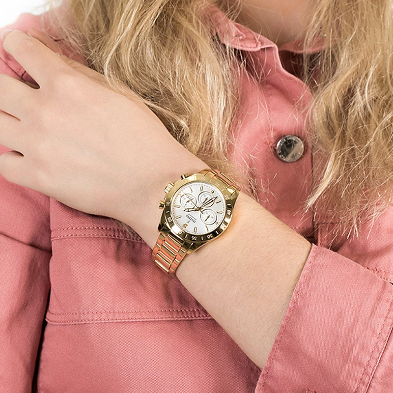 Reloj Festina analogo, para Dama, tablero redondo colores plateado y dorado, estilo index + puntos, pulso acero color dorado, calendario, cronografo