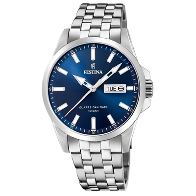 Reloj Festina analogo, para Hombre, tablero redondo color azul, estilo index, pulso acero color plateado, calendario