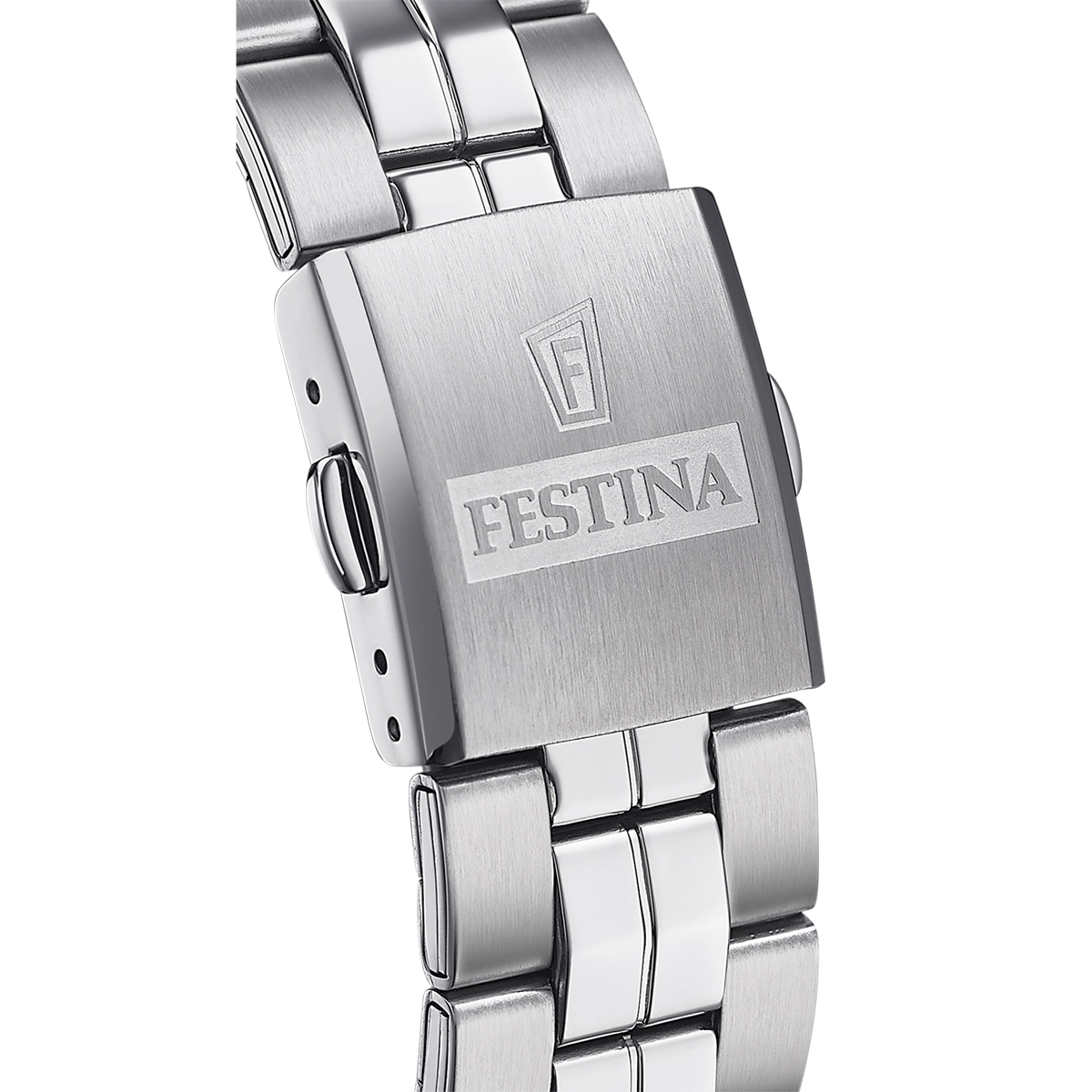 Reloj Festina analogo, para Hombre, tablero redondo color negro, estilo arabigos, pulso acero color plateado, calendario