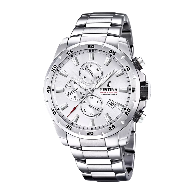 Reloj Festina analogo, para Hombre, tablero redondo color plateado, estilo index, pulso acero color plateado, calendario, cronografo