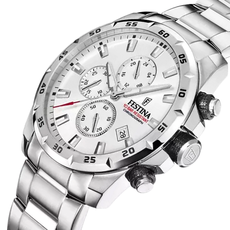 Reloj Festina analogo, para Hombre, tablero redondo color plateado, estilo index, pulso acero color plateado, calendario, cronografo
