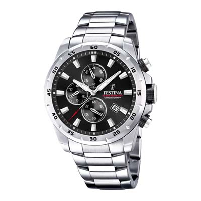 Reloj Festina analogo, para Hombre, tablero redondo color negro, estilo index, pulso acero color plateado, calendario, cronografo