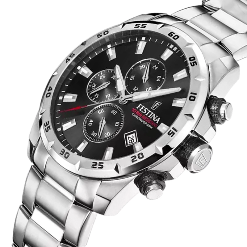 Reloj Festina analogo, para Hombre, tablero redondo color negro, estilo index, pulso acero color plateado, calendario, cronografo