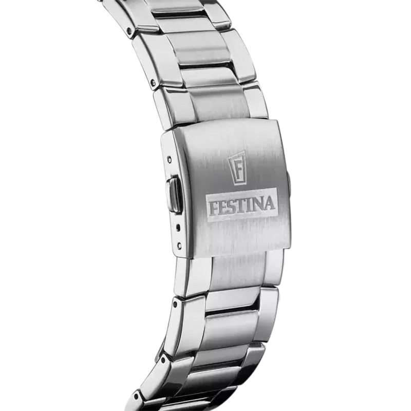 Reloj Festina analogo, para Hombre, tablero redondo color negro, estilo index, pulso acero color plateado, calendario, cronografo