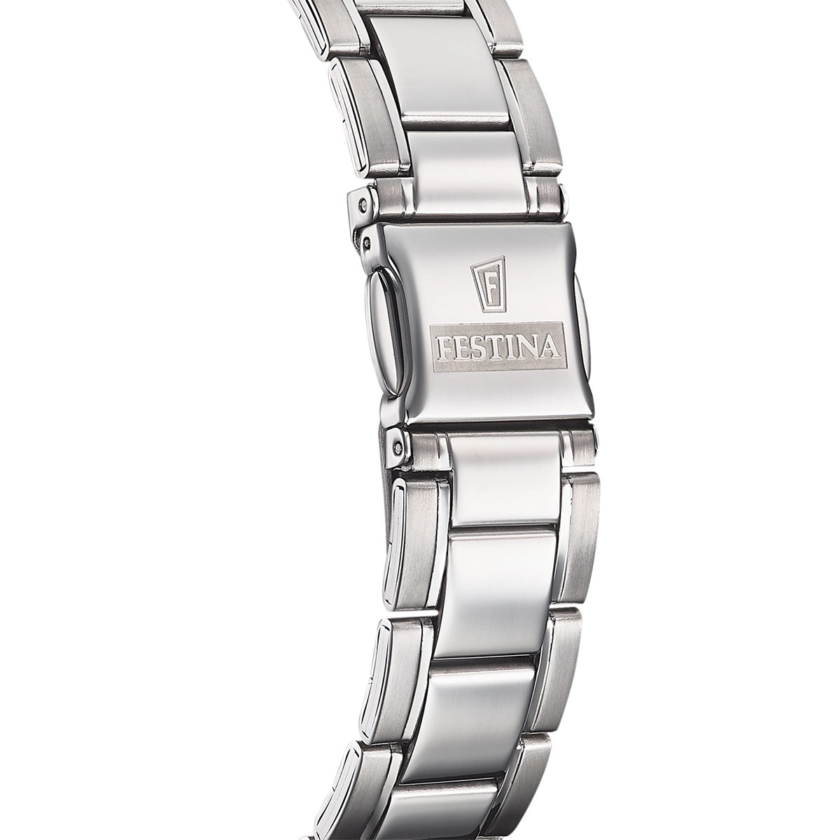 Reloj Festina análogo, para Hombre, tablero redondo color blanco, estilo index, pulso acero color plateado, calendario