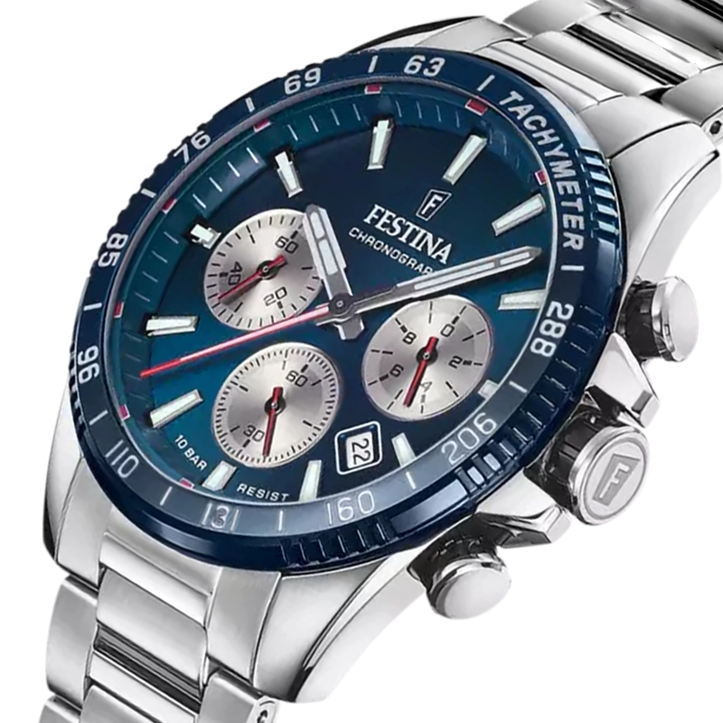 Reloj Festina análogo, para Hombre, tablero redondo color azul, estilo index, pulso acero color plateado, calendario, cronografo