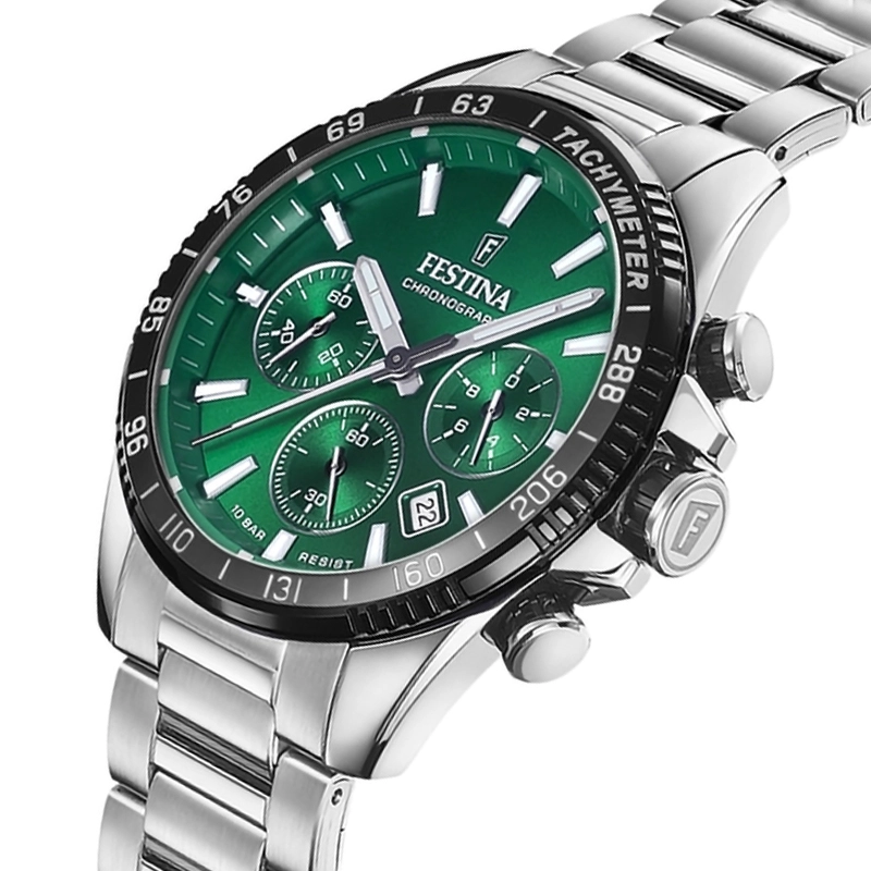 Reloj Festina análogo, para Hombre, tablero redondo color verde, estilo index, pulso acero color plateado, calendario, cronografo