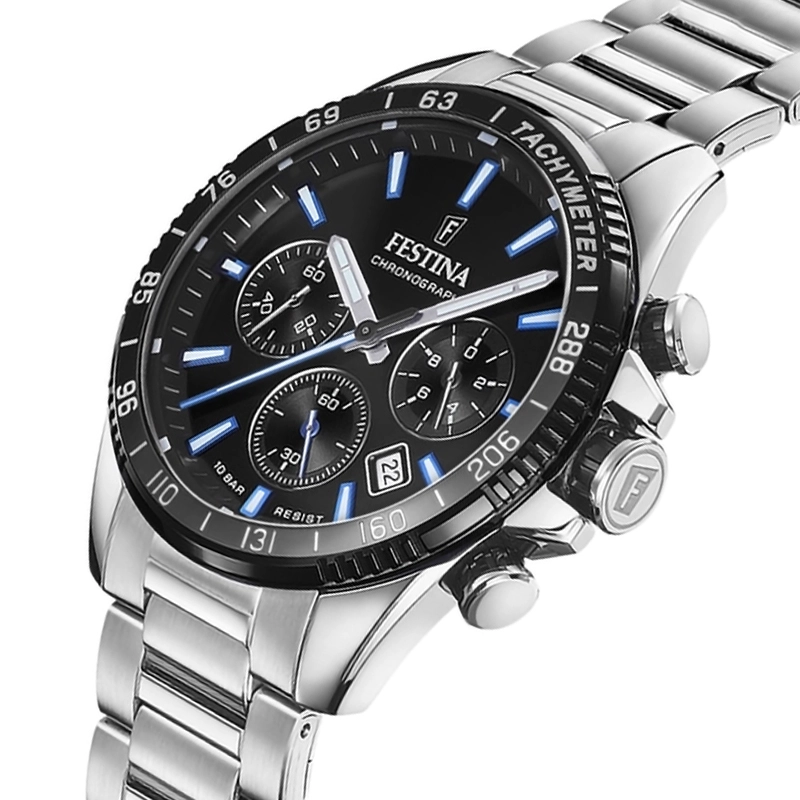 Reloj Festina análogo, para Hombre, tablero redondo color negro, estilo index, pulso acero color plateado, calendario, cronografo
