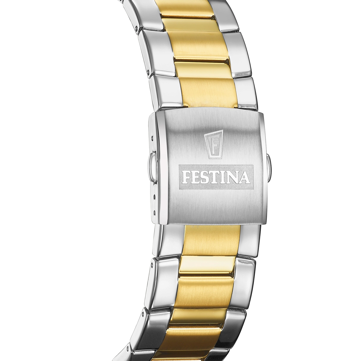Reloj Festina analogo, para Hombre, tablero redondo color azul, estilo index, pulso acero colores plateado y dorado, calendario, cronografo