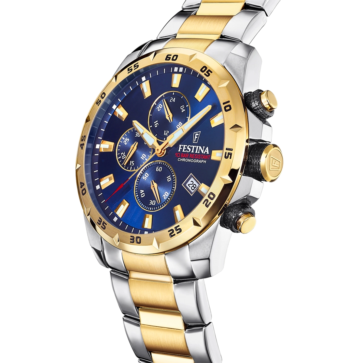 Reloj Festina analogo, para Hombre, tablero redondo color azul, estilo index, pulso acero colores plateado y dorado, calendario, cronografo