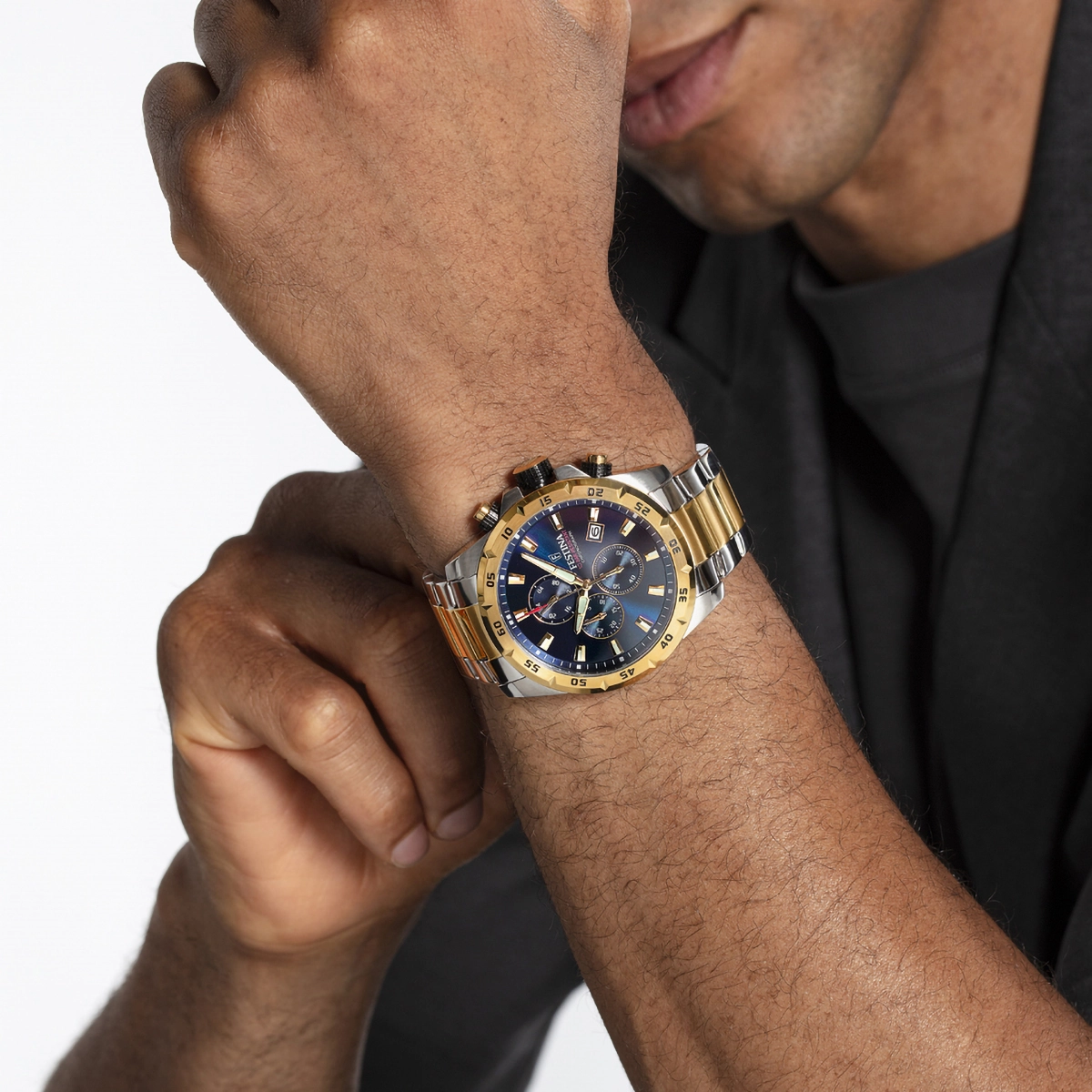 Reloj Festina analogo, para Hombre, tablero redondo color azul, estilo index, pulso acero colores plateado y dorado, calendario, cronografo