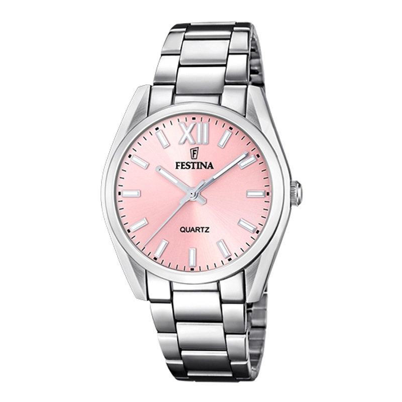 Reloj Festina análogo, para Dama, tablero redondo color rosado, estilo index + romano, pulso acero color plateado