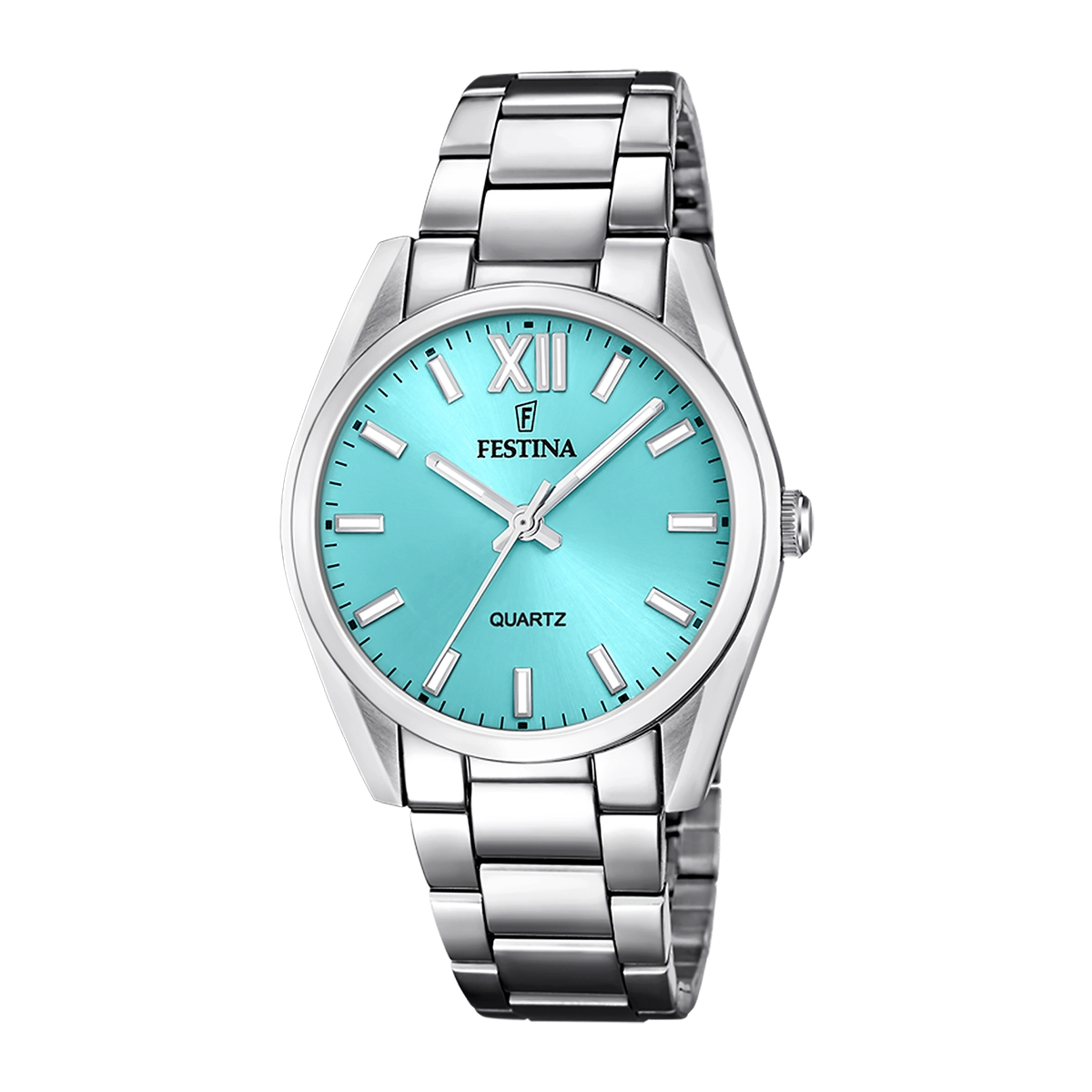 Reloj Festina analogo, para Dama, tablero redondo color azul, estilo index + romano, pulso acero color plateado