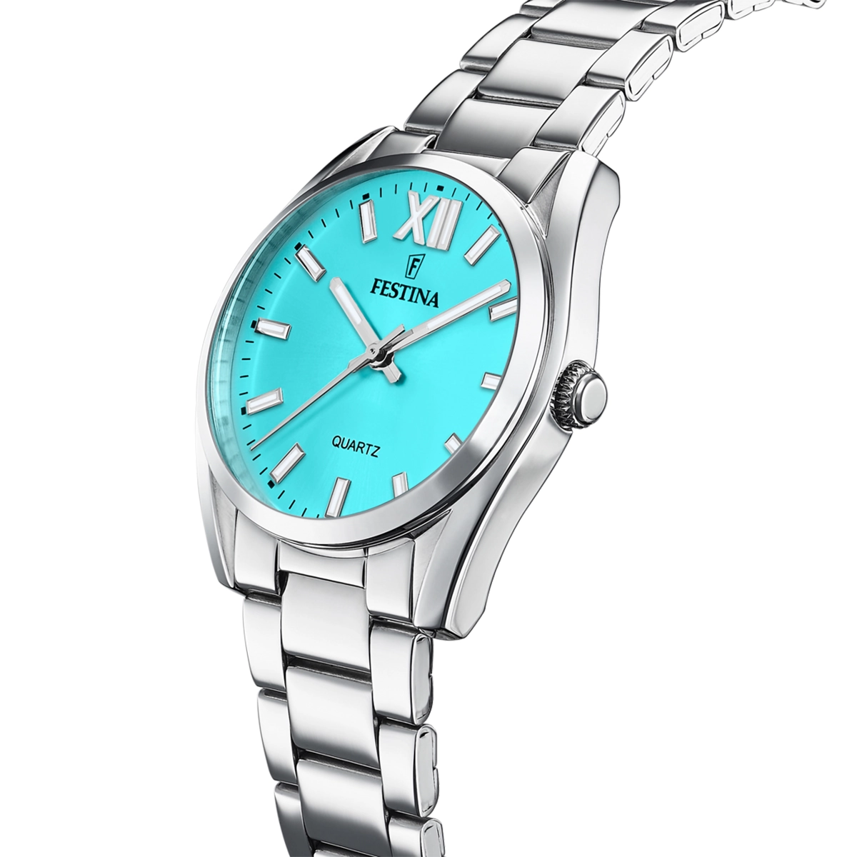 Reloj Festina analogo, para Dama, tablero redondo color azul, estilo index + romano, pulso acero color plateado