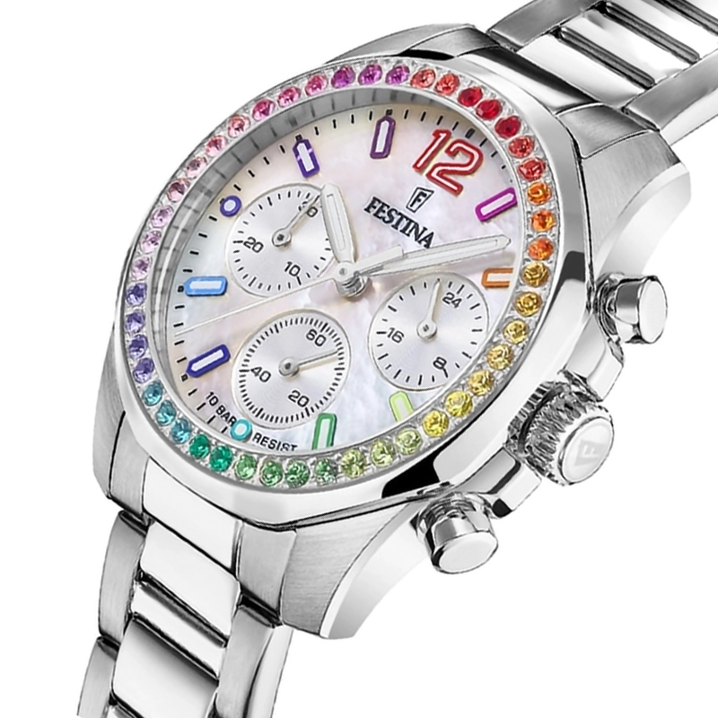 Reloj Festina analogo, para Dama, tablero redondo color blanco, estilo index + arabigo, pulso acero color plateado, calendario, cronografo
