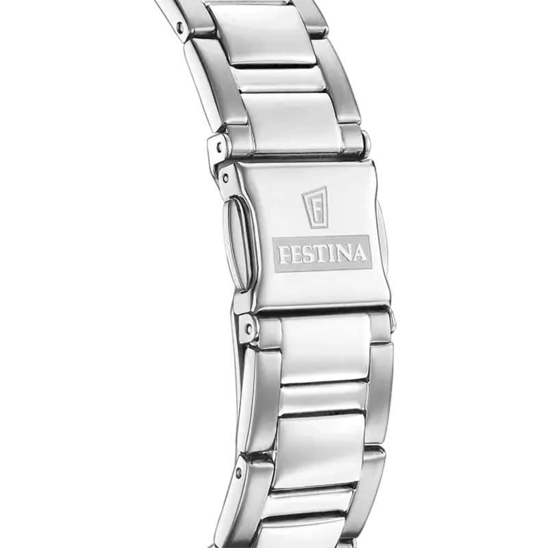 Reloj Festina analogo, para Dama, tablero redondo color blanco, estilo index + arabigo, pulso acero color plateado, calendario, cronografo