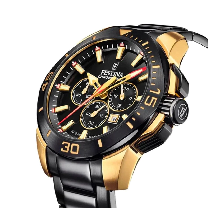 Reloj Festina analogo, para Hombre, tablero redondo color negro, estilo index, pulso acero color negro, calendario, cronografo
