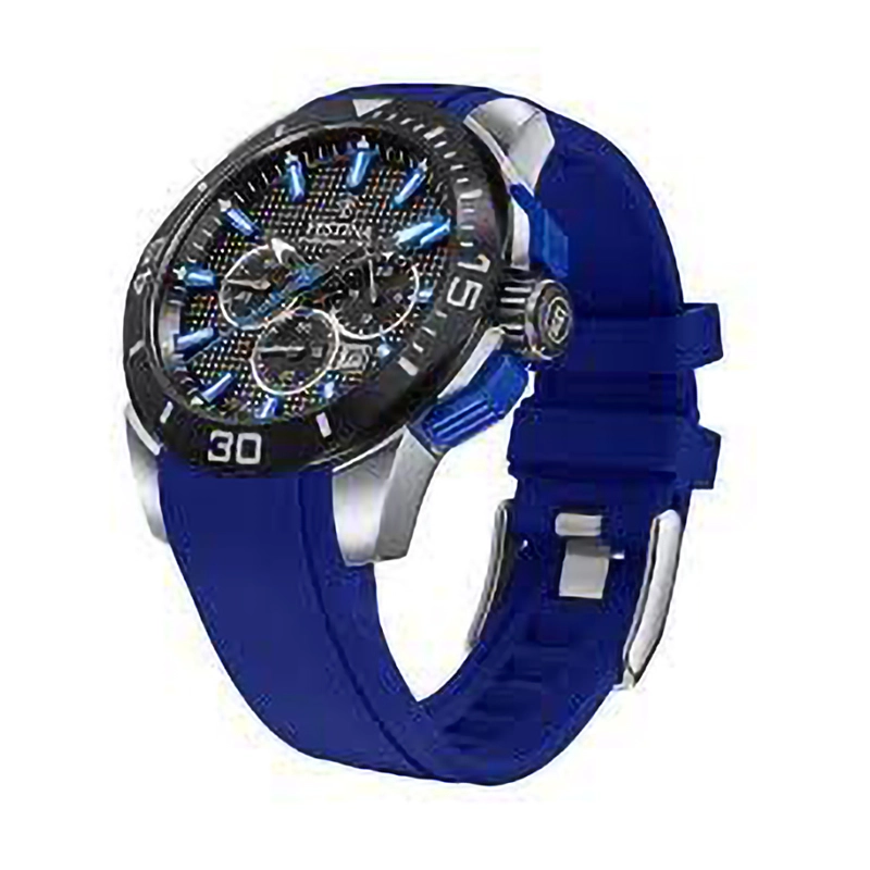 Reloj Festina analogo, para Hombre, tablero redondo colores negro y azul, estilo index, pulso silicona color azul, calendario, cronografo