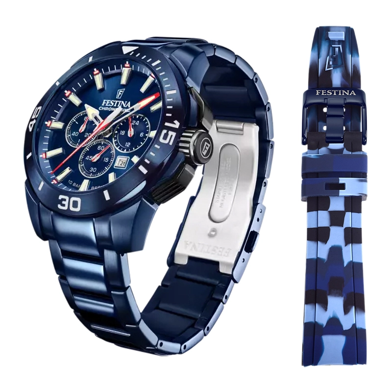 Reloj Festina analogo, para Hombre, tablero redondo colores azul y rojo, estilo index, pulso acero color azul, calendario, cronografo