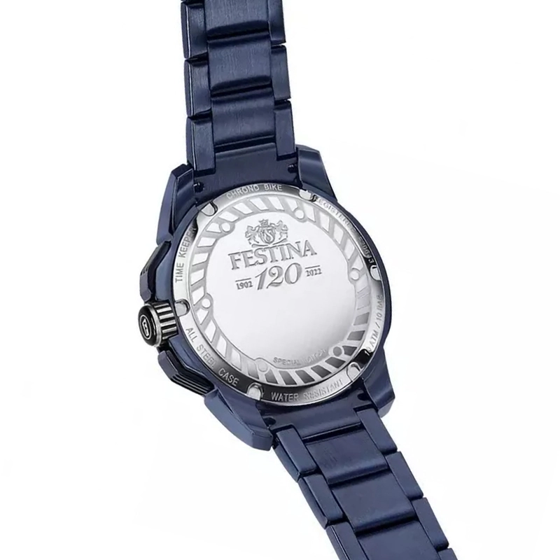 Reloj Festina analogo, para Hombre, tablero redondo colores azul y rojo, estilo index, pulso acero color azul, calendario, cronografo