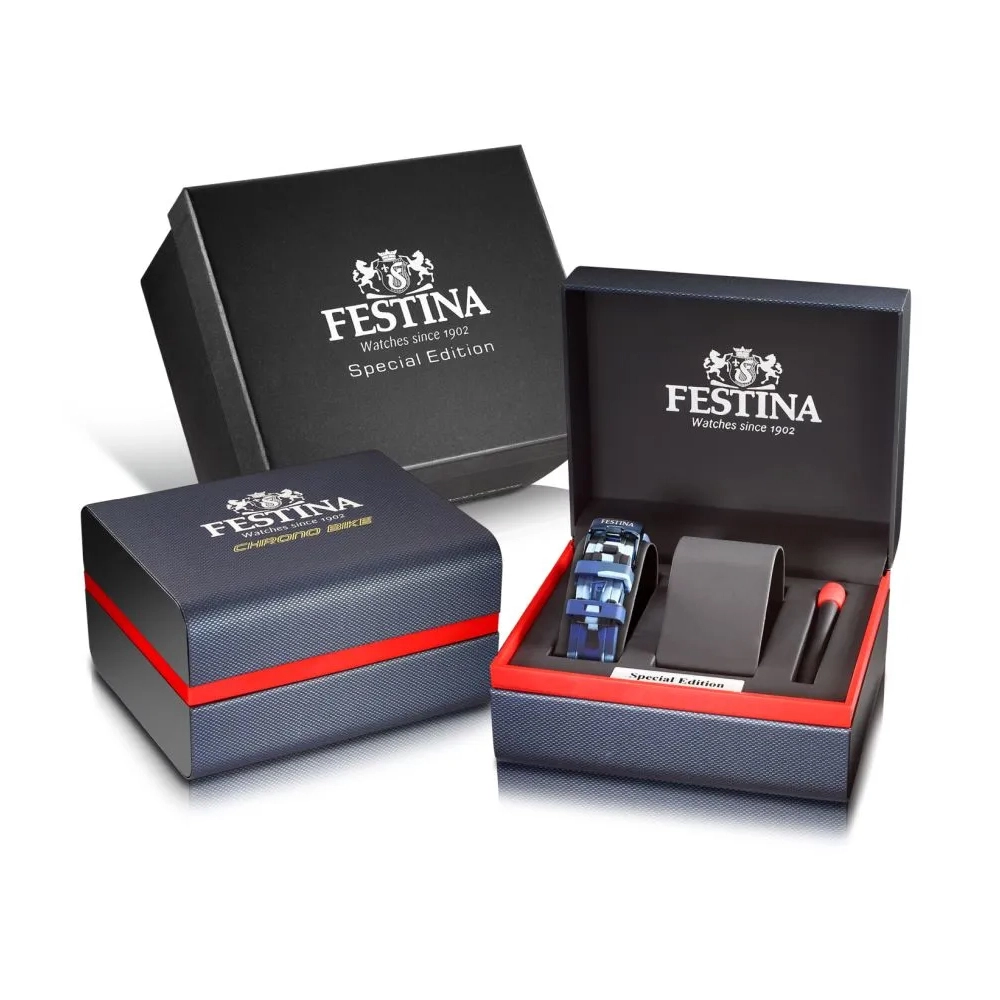 Reloj Festina analogo, para Hombre, tablero redondo colores azul y rojo, estilo index, pulso acero color azul, calendario, cronografo