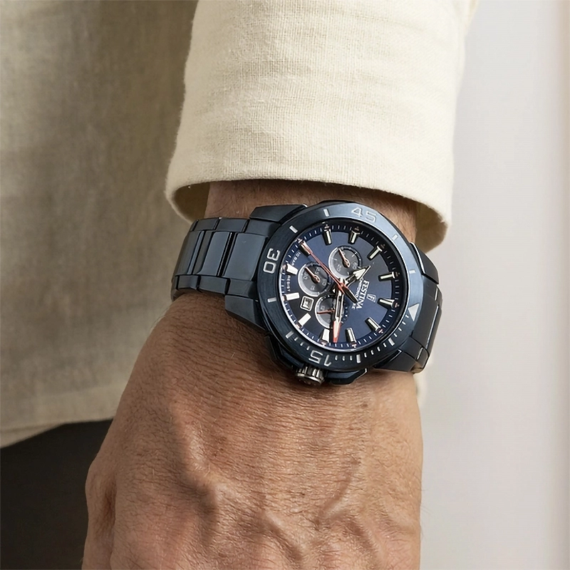 Reloj Festina analogo, para Hombre, tablero redondo colores azul y rojo, estilo index, pulso acero color azul, calendario, cronografo